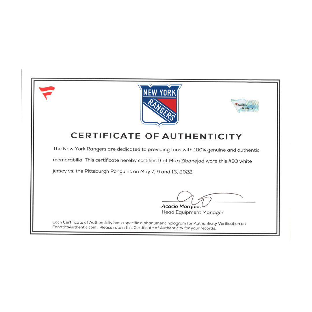 Mika Zibanejad New York Rangers Game Worn Jersey vs Penguins May 7th, 9th, 13th 2022 Fanatics COA