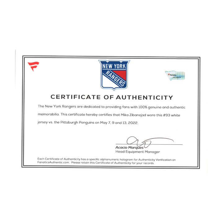 Mika Zibanejad New York Rangers Game Worn Jersey vs Penguins May 7th, 9th, 13th 2022 Fanatics COA