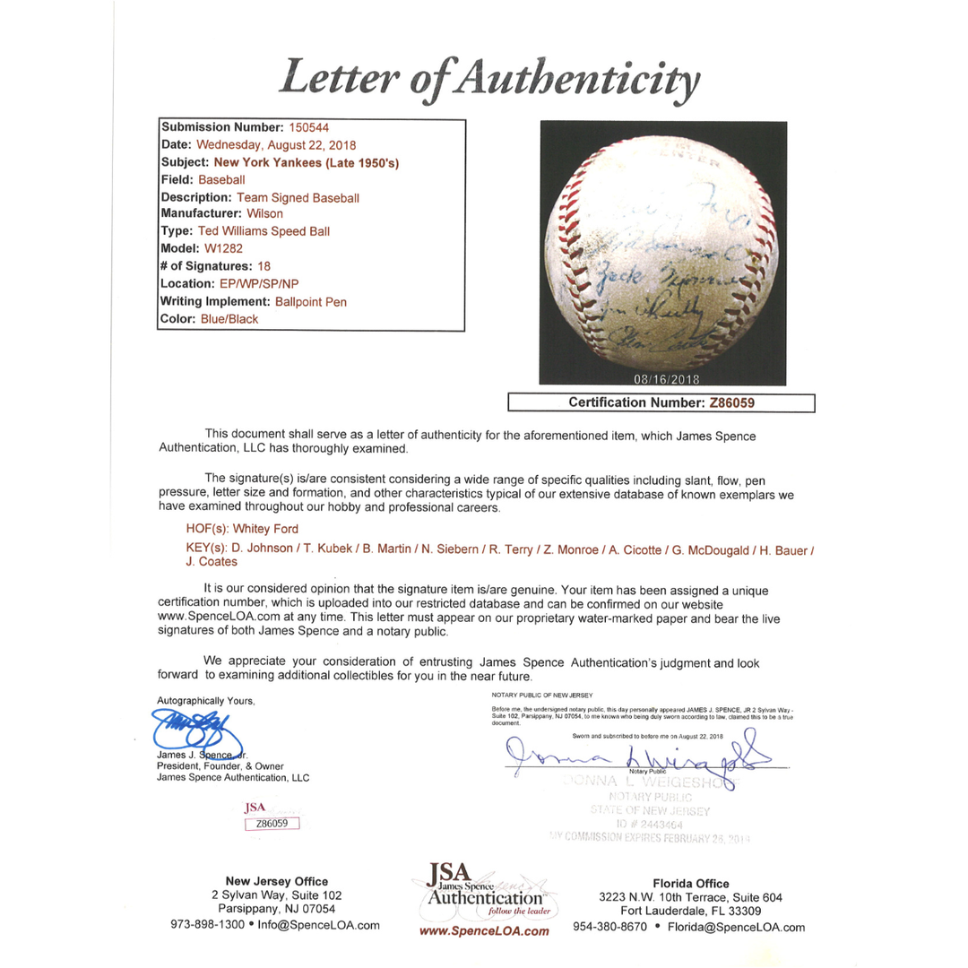 1956 New York Yankees Multi Signed Ted Williams Baseball 18 Autos JSA LOA