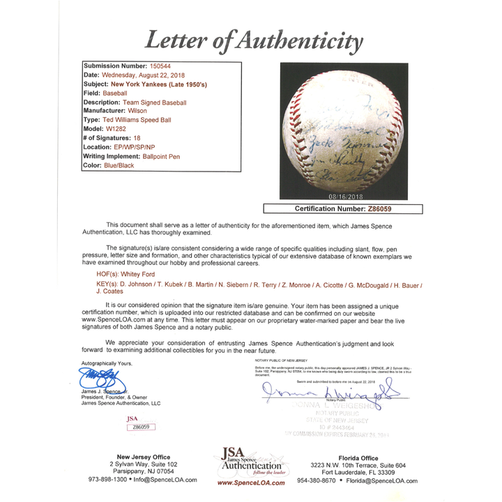 1956 New York Yankees Multi Signed Ted Williams Baseball 18 Autos JSA LOA
