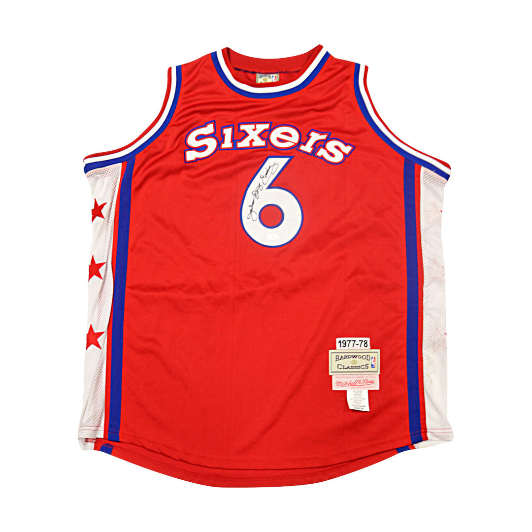 Julius Dr J Erving Philadelphia 76'ers Autographed Inscribed Red Mitchell & Ness Hardwood Classic Jersey JSA COA