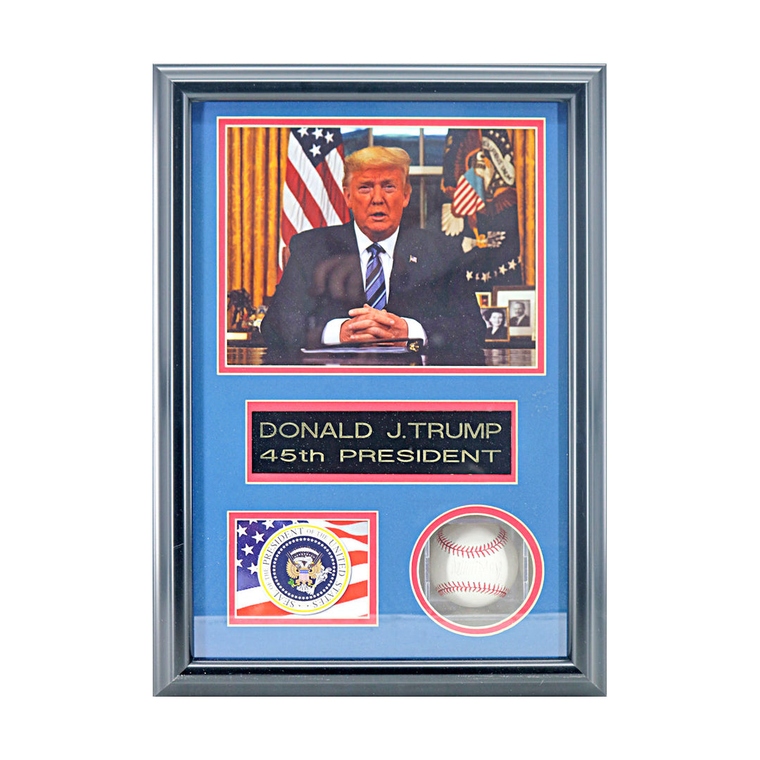 Donald J Trump US President Autographed OMLB Baseball in Shadowbox JSA LOA