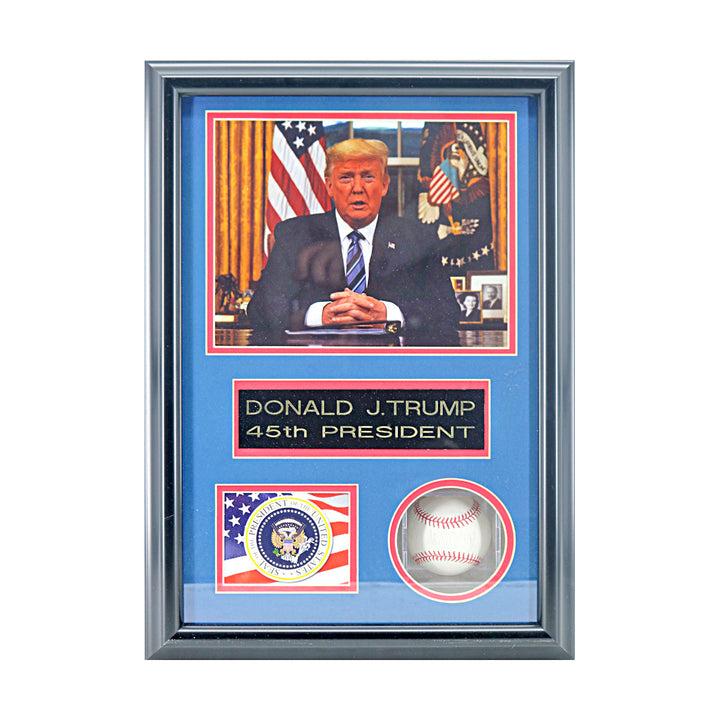 Donald J Trump US President Autographed OMLB Baseball in Shadowbox JSA LOA
