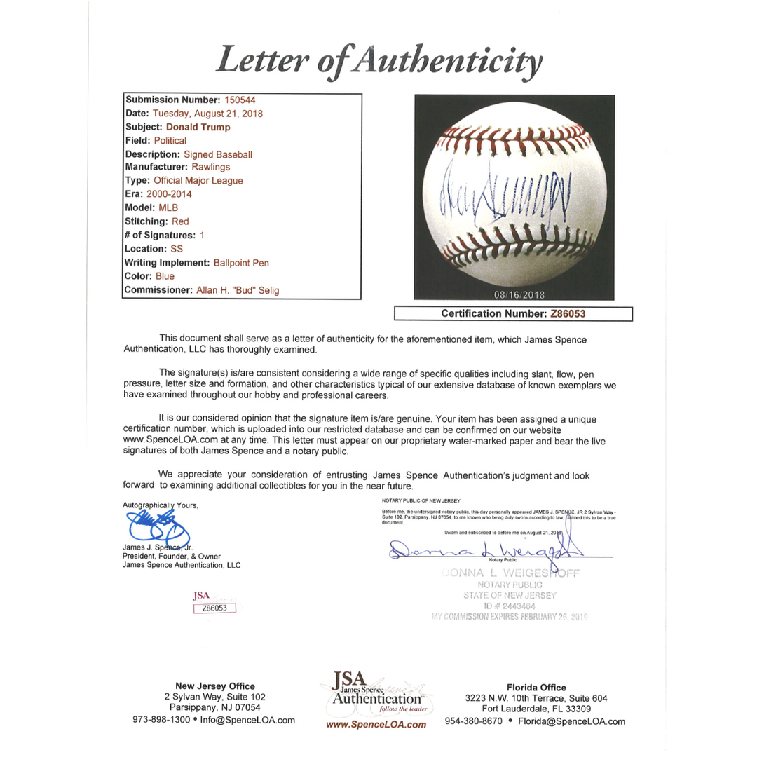 Donald J Trump US President Autographed OMLB Baseball in Shadowbox JSA LOA