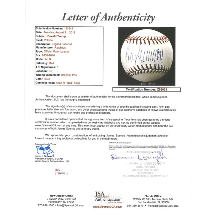 Donald J Trump US President Autographed OMLB Baseball in Shadowbox JSA LOA