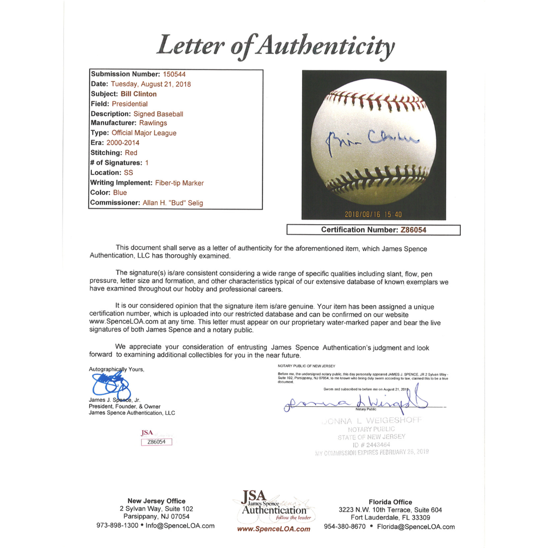 Bill Clinton US President Autographed OMLB Baseball in Shadowbox JSA LOA