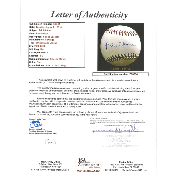 Bill Clinton US President Autographed OMLB Baseball in Shadowbox JSA LOA