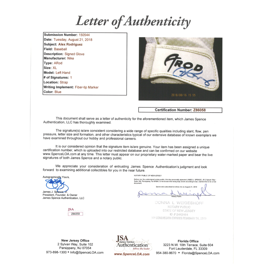 Alex Rodriguez New York Yankees Autographed Nike Batting Glove JSA LOA