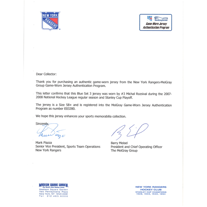 Michal Rozsival New York Rangers Game Used Blue Set 3 Jersey 2007-08 Season & Playoffs MeiGray Group LOA