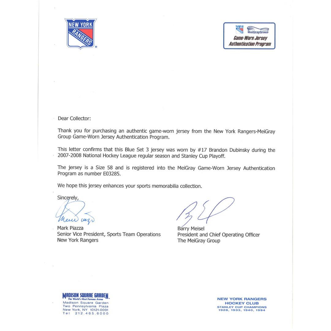 Brandon Dubinsky New York Rangers Autographed Game Used Blue Set 3 Jersey 2007-08 Season & Playoffs MeiGray Group LOA
