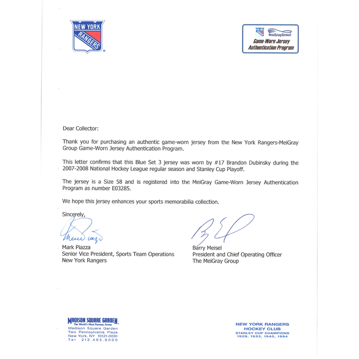 Brandon Dubinsky New York Rangers Autographed Game Used Blue Set 3 Jersey 2007-08 Season & Playoffs MeiGray Group LOA