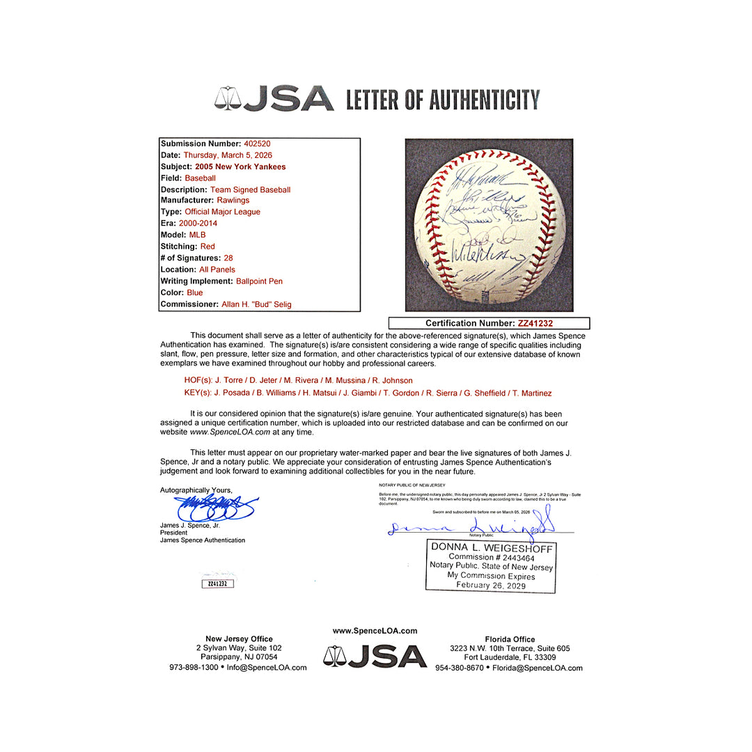 Jeter Rivera Torre New York Yankees 2005 Team Multi Signed OMLB Baseball JSA LOA