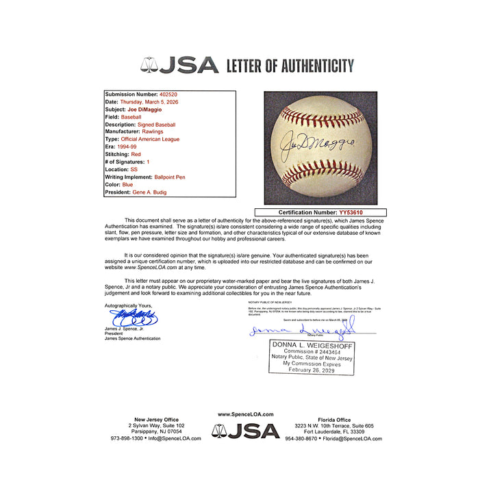 Joe DiMaggio New York Yankees Autographed OAL Baseball JSA LOA
