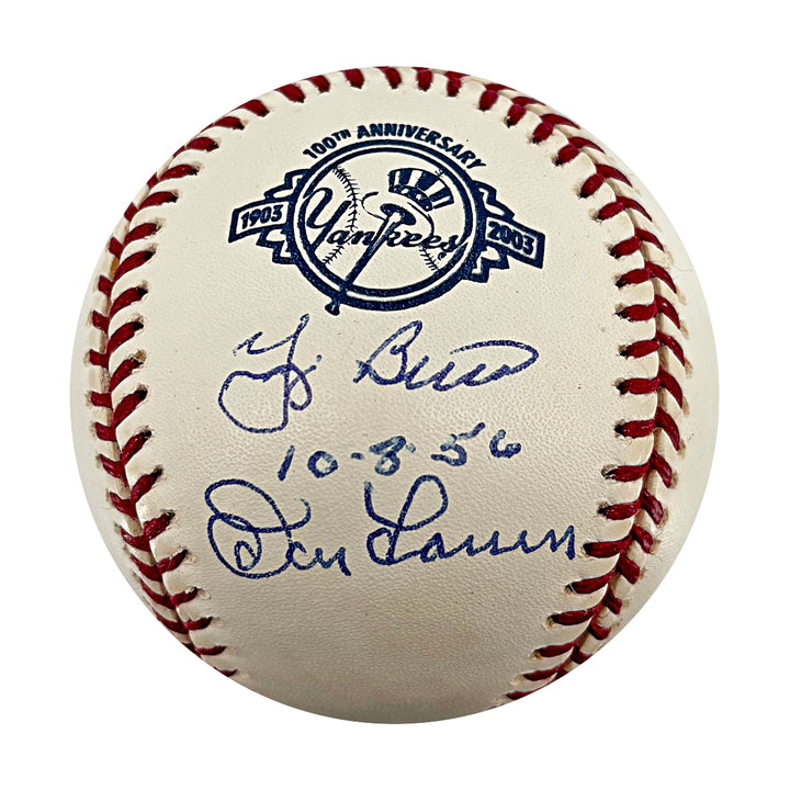 Berra Larsen Yankees Signed Inscribed 100th Anniversary Baseball JSA COA