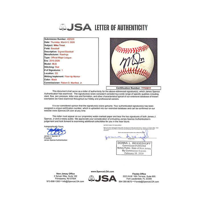 Mike Trout Los Angeles Angels Autographed OMLB Baseball JSA LOA
