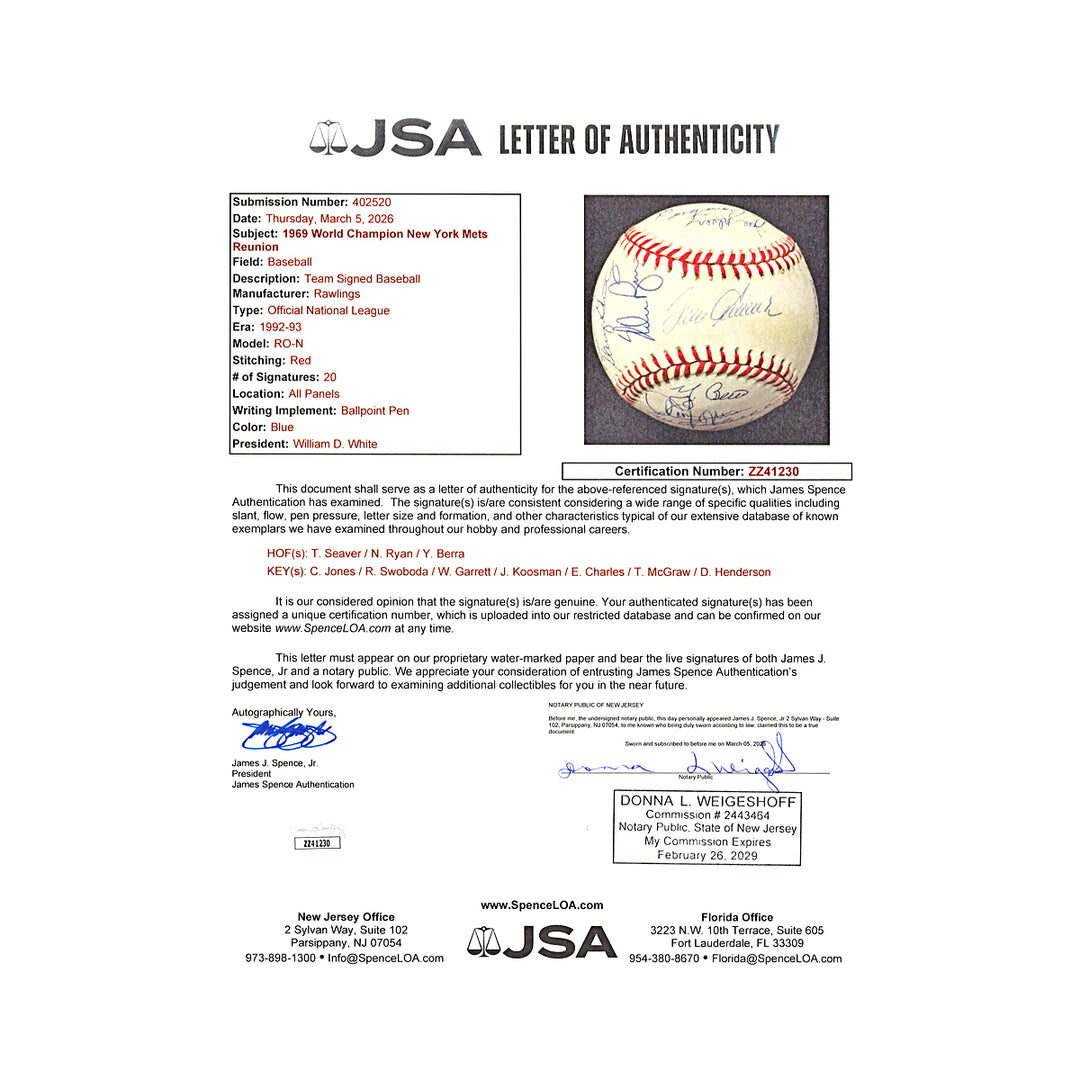 Seaver Berra Ryan New York Mets 1969 Multi Signed ONL Baseball 20 Autos JSA LOA