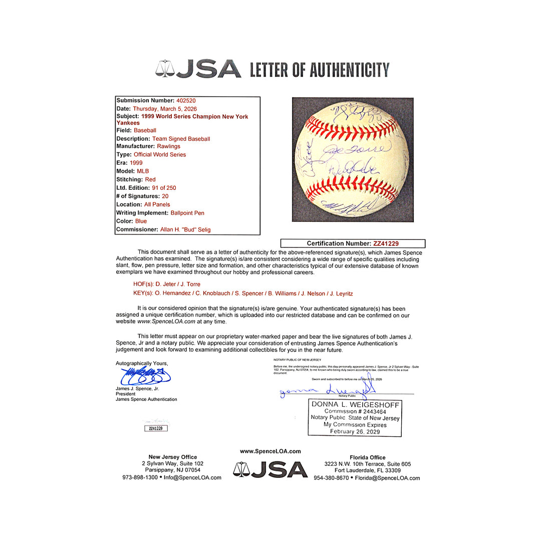 Jeter Rivera Torre Yankees 1999 Multi Signed WS Baseball 21 Autos LE/250 JSA LOA