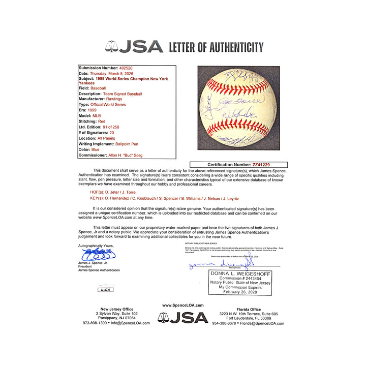 Jeter Rivera Torre Yankees 1999 Multi Signed WS Baseball 21 Autos LE/250 JSA LOA