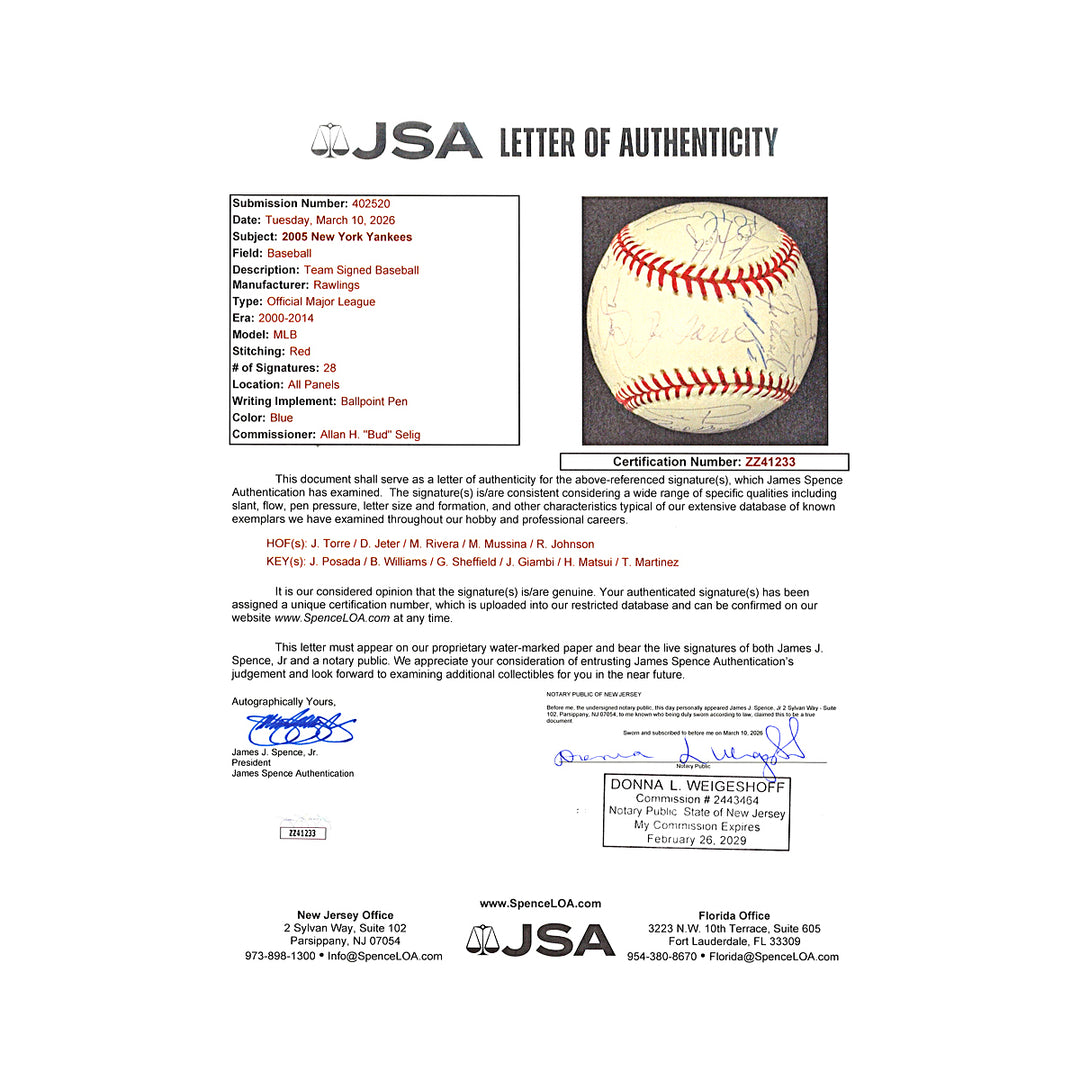 Jeter Rivera Torre Yankees 2005 Team Multi Signed OMLB Baseball JSA LOA