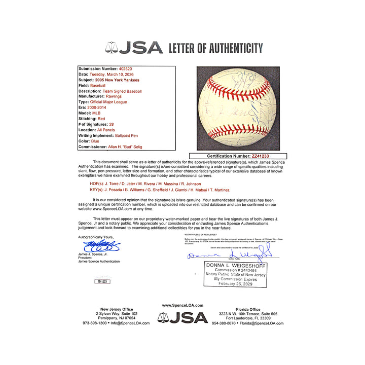 Jeter Rivera Torre Yankees 2005 Team Multi Signed OMLB Baseball JSA LOA