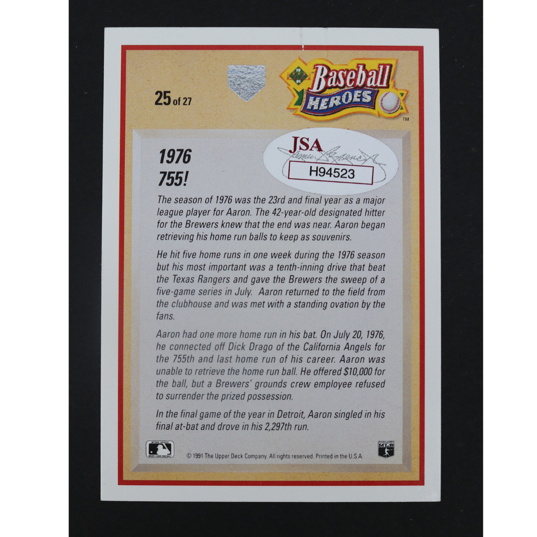 Hank Aaron Atlanta Braves Autographed Baseball Heroes Card 25/27 (JSA COA)