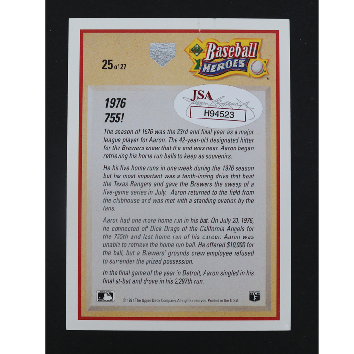 Hank Aaron Atlanta Braves Autographed Baseball Heroes Card 25/27 (JSA COA)