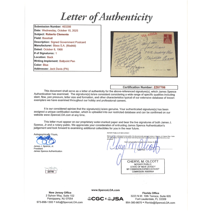 Roberto Clemente Pittsburgh Pirates Autographed Signed Hand Written Postcard JSA LOA