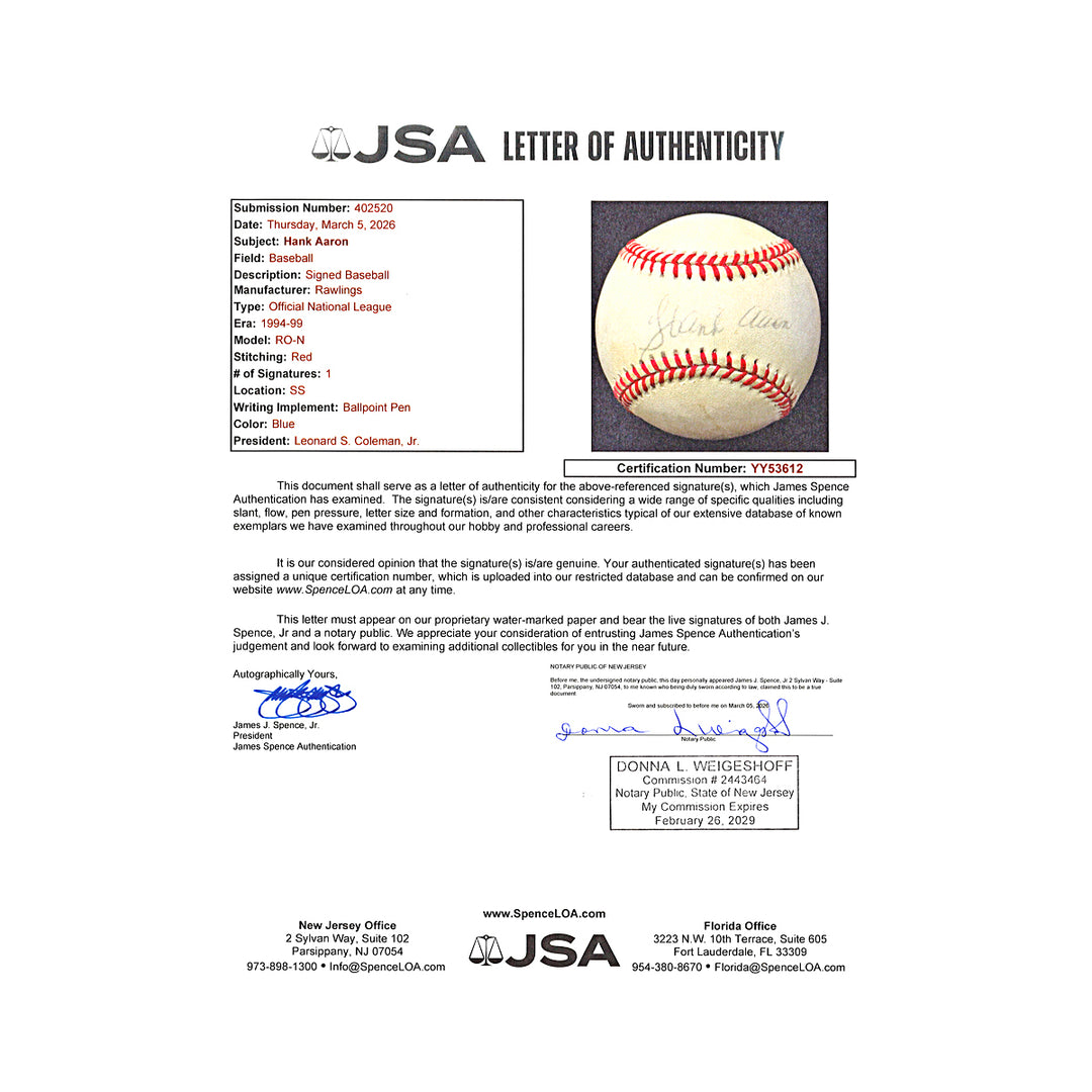 Hank Aaron Atlanta Braves Autographed ONL Baseball JSA LOA