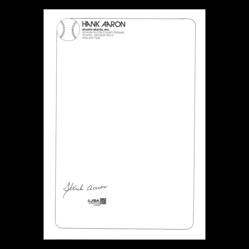 Hank Aaron Atlanta Braves Autographed Hank Aaron Letter Head JSA COA #CJ94689