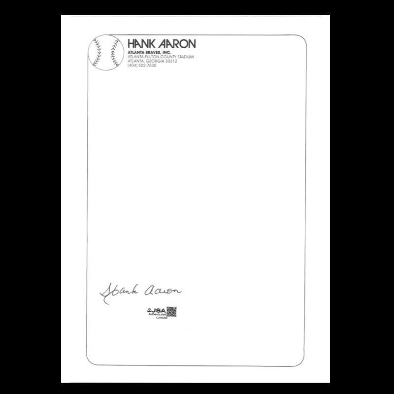 Hank Aaron Atlanta Braves Autographed Hank Aaron Letter Head JSA COA #CJ94688