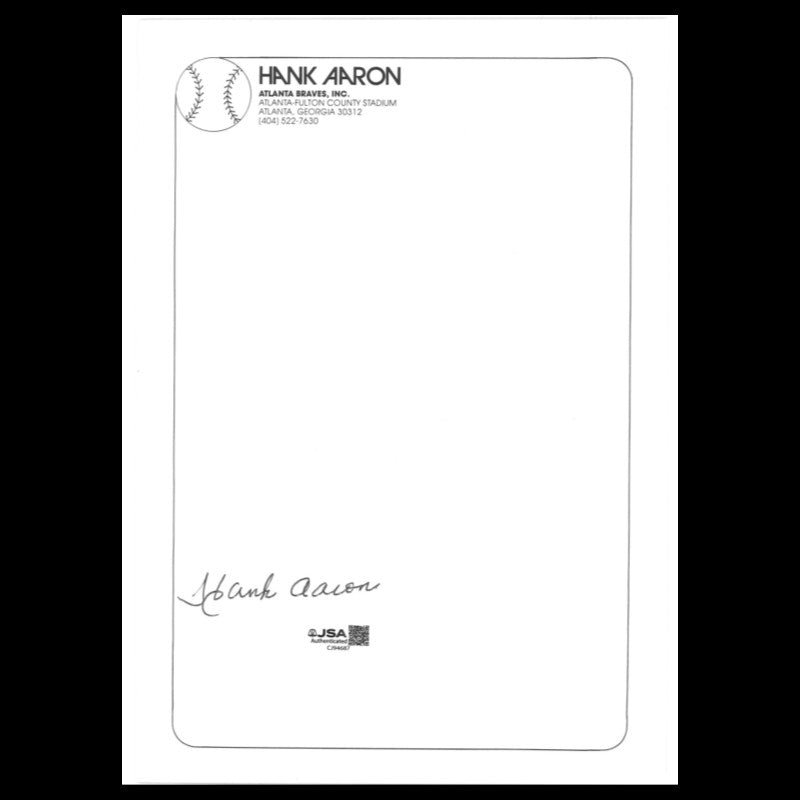 Hank Aaron Atlanta Braves Autographed Hank Aaron Letter Head JSA COA #CJ94687