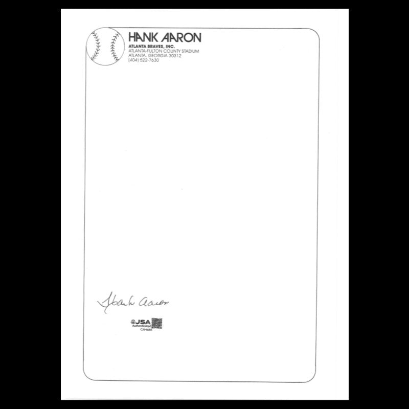 Hank Aaron Atlanta Braves Autographed Hank Aaron Letter Head JSA COA #CJ94686