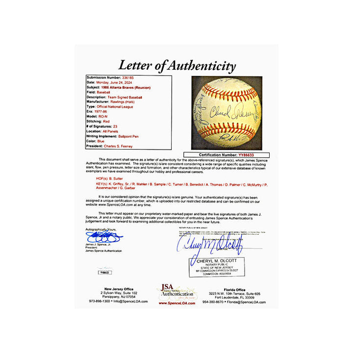 Ken Griffey Sr, Bruce Sutter, Rick Mahler 1986 Atlanta Braves Reunion Multi Signed Autographed Charles Feeney ONL Baseball (JSA LOA #YY86633)