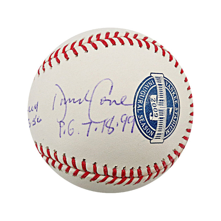 David Wells, Don Larsen, David Cone New York Yankees Triple Signed Autographed Inscribed Yankee Stadium Innaugural Season Logo Baseball (JSA Holo)