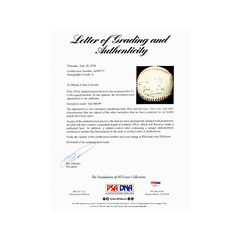 Ty Cobb Detroit Tigers Autographed Signed Inscribed ONL Ford Frick Ball (PSA/JSA LOA)