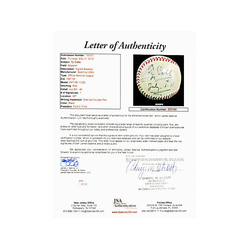 Ty Cobb Detroit Tigers Autographed Signed Inscribed ONL Ford Frick Ball (PSA/JSA LOA)