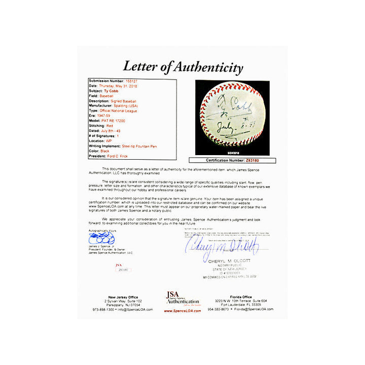 Ty Cobb Detroit Tigers Autographed Signed Inscribed ONL Ford Frick Ball (PSA/JSA LOA)