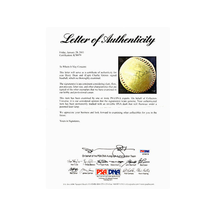 Dizzy Dean, Capt Charlie Grimm Chicago Cubs Autographed Signed ONL Ball (PSA LOA)