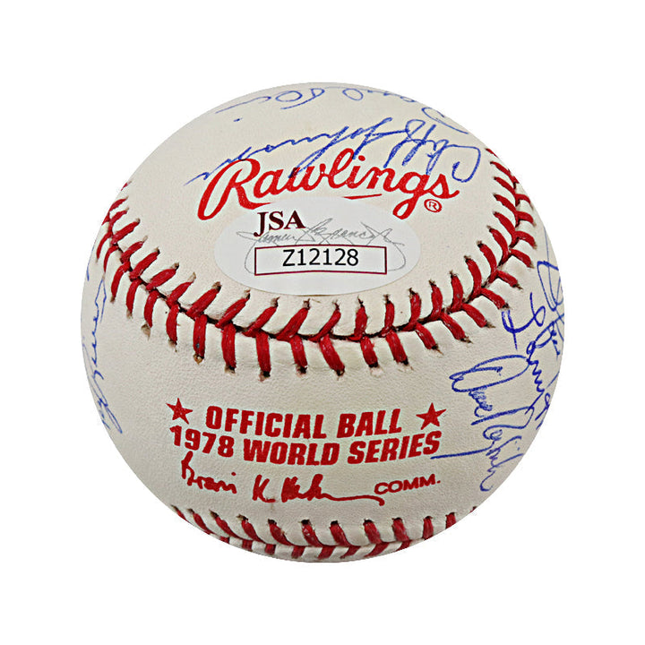 Reggie Jackson, Goose Gossage, Bucky Dent 1978 New York Yankees Team Signed 1978 World Series Logo Baseball (JSA LOA #Z12128)