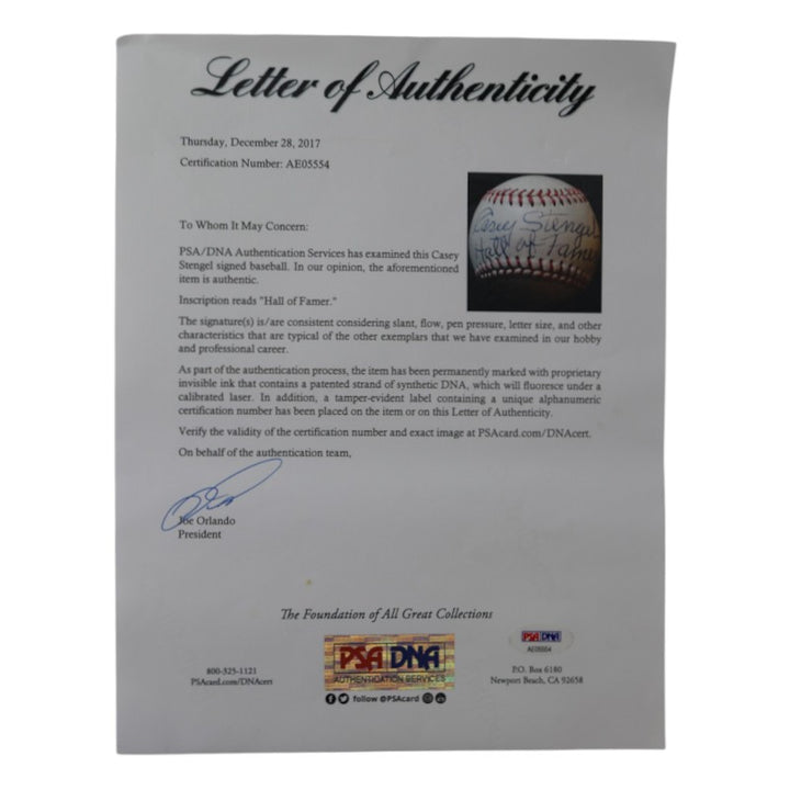 Casey Stengel New York Yankees Autographed Inscribed Official Little League Baseball PSA LOA