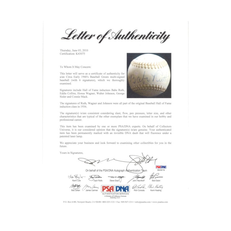 Ruth Wagner Johnson Sisler Mack Collins Multi Signed OAL Baseball PSA LOA