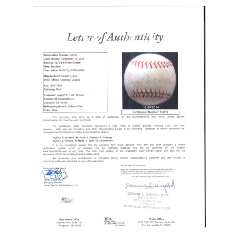 1970 New York Yankees Greats Jackson, Ford, Rizzuto Signed OAL Ball (JSA LOA)