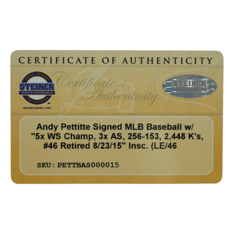 Andy Pettitte New York Yankees Autographed Stat Inscribed OMLB Baseball LE 13/46 Steiner COA