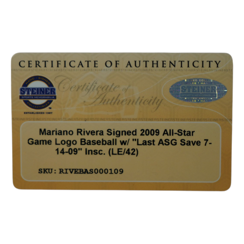 Mariano Rivera NY Yankees Signed Inscribed 2009 All-Star Ball LE 15/42 Steiner COA