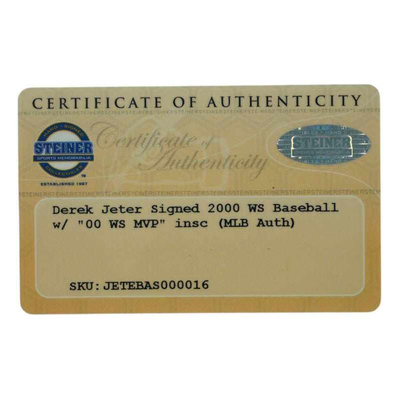 Derek Jeter New York Yankees Signed Inscribed 2000 WS Baseball (Steiner COA)