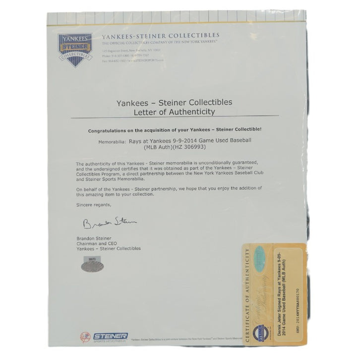 Derek Jeter New York Yankees Autographed Game Used Baseball Shadowbox (Steiner LOA)
