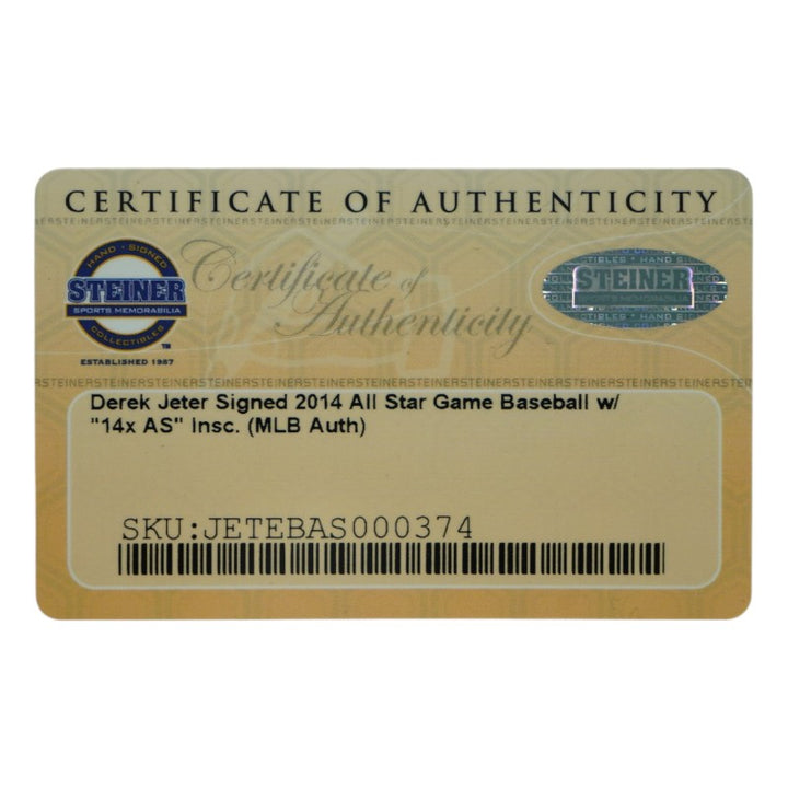 Derek Jeter New York Yankees Signed Inscribed 2014 AS Logo Baseball Steiner COA