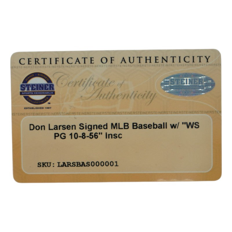 Don Larsen New York Yankees Autographed Inscribed PG OMLB Baseball Steiner COA