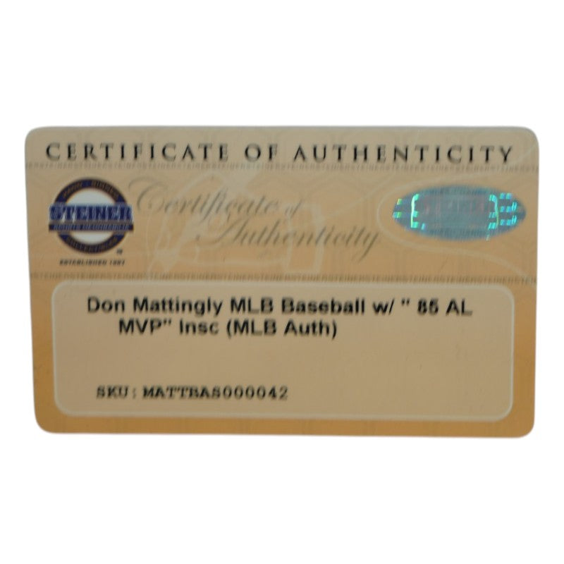 Don Mattingly New York Yankees Signed Inscribed AL MVP OMLB Baseball (Steiner COA)