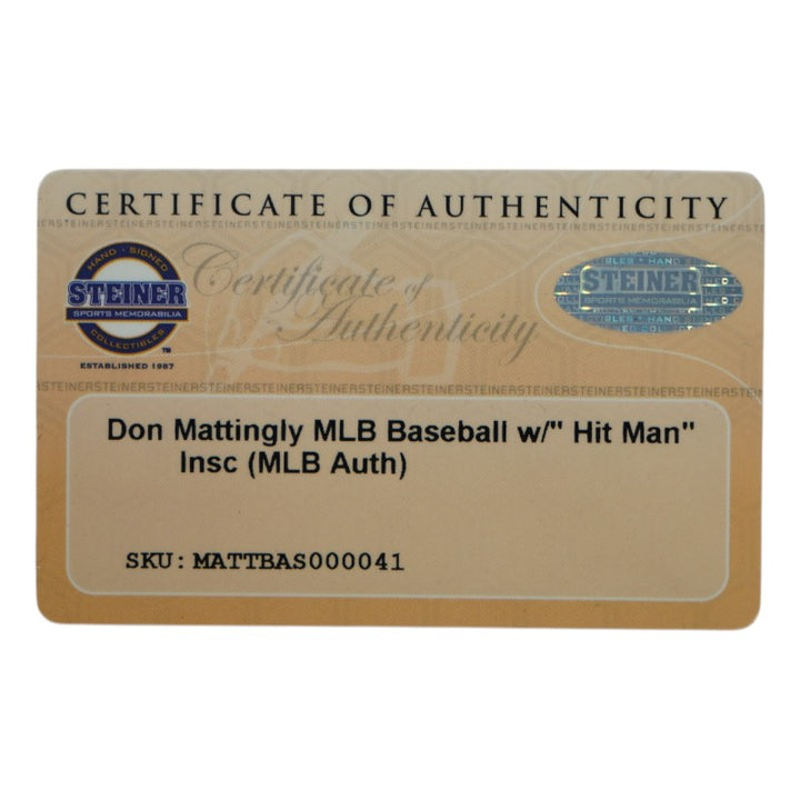 Don Mattingly New York Yankees Signed Inscribed Hit Man OMLB Baseball (Steiner COA)